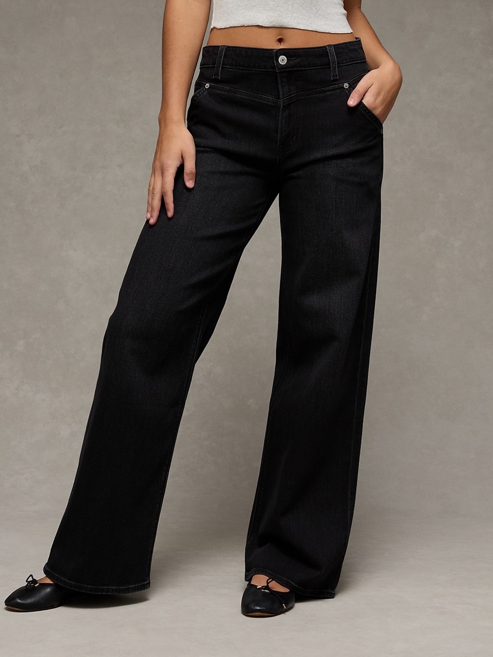 AE Super High Rise Baggy Wide Leg Denim Washed Black Utility Pockets 16 Long
